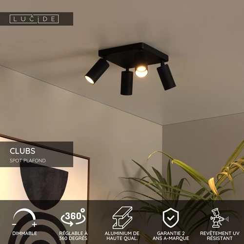 Lucide CLUBS - Spot plafond - 4xGU10 - Noir - USP